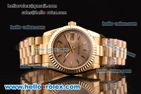 Rolex Day-Date Asia 2813 Automatic Gold Case/Strap with Gold Stick Markers - Click Image to Close